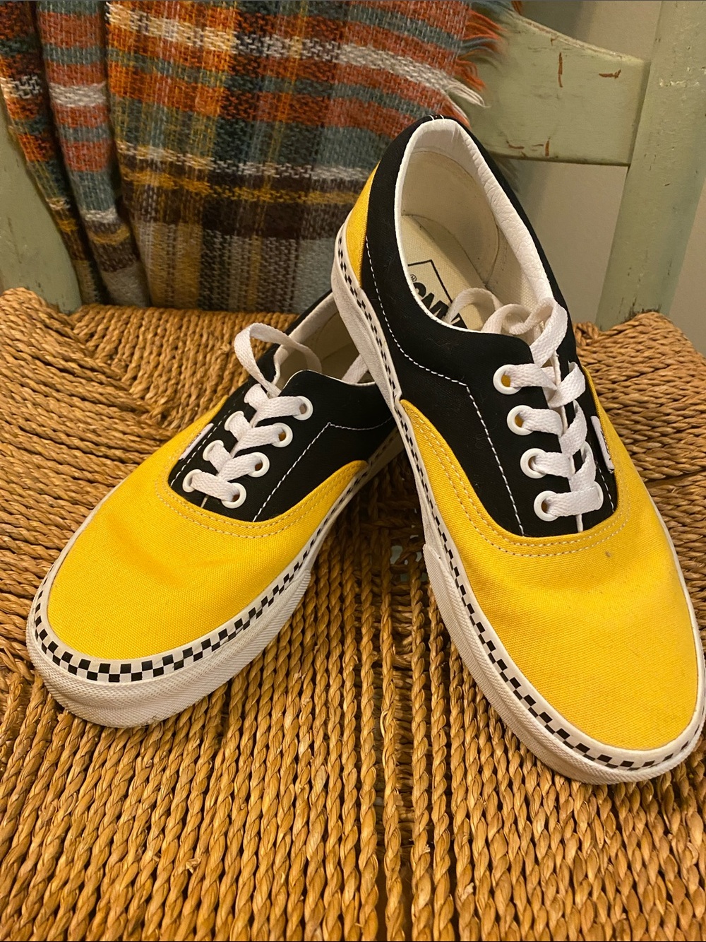 Vans Yellow and Black Low-Top Sneakers with Checkerboard Trim